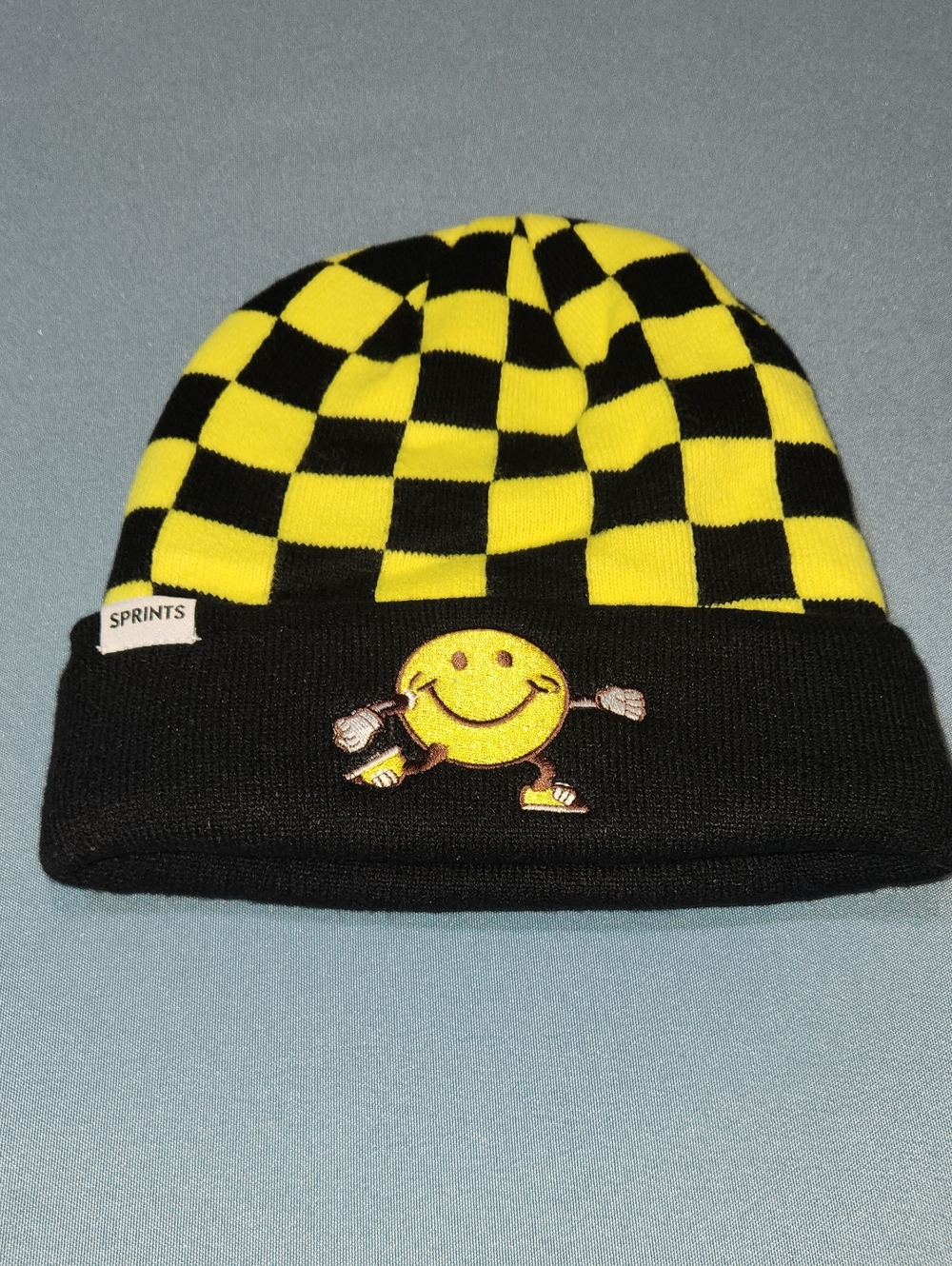 Sprints Yellow & Black Checkered Beanie with Smiley Patch